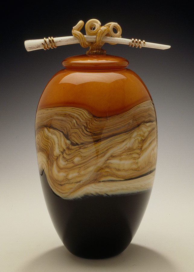 Tangerine Strata blown glass ginger vessel with bone finial lid