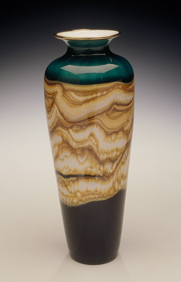 Blown glass urn vase sage color Strata series