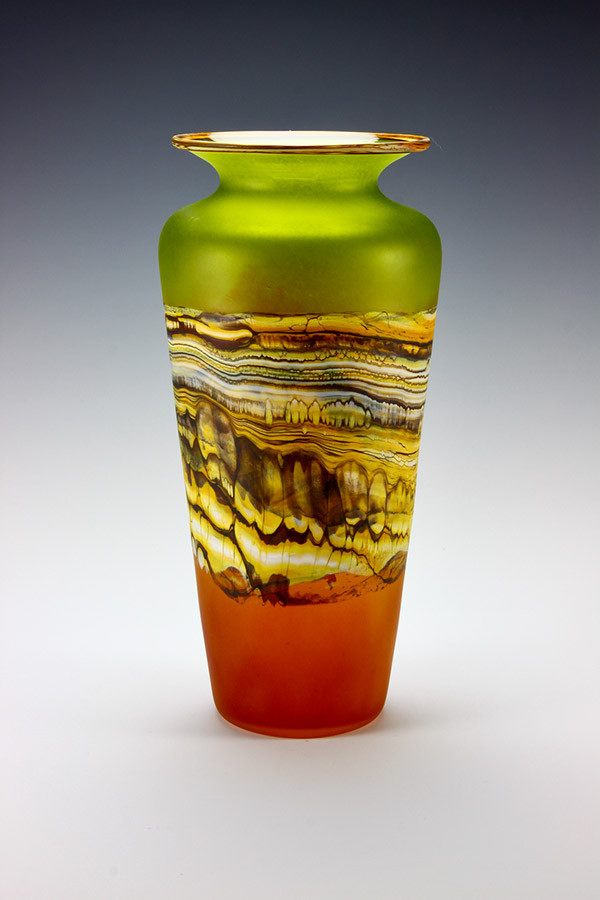 Translucent Strata series handblown frosted glass vase in lime and tangerine colors