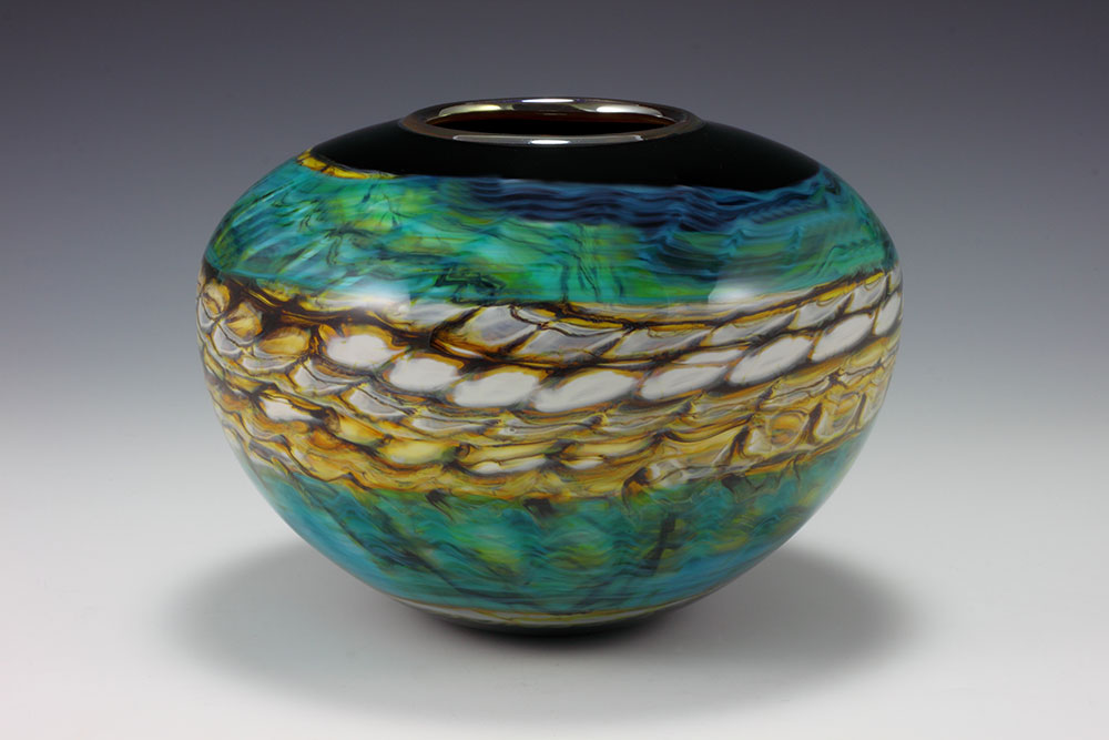 Hand blown art glass vessel black opal and turquoise round vessel