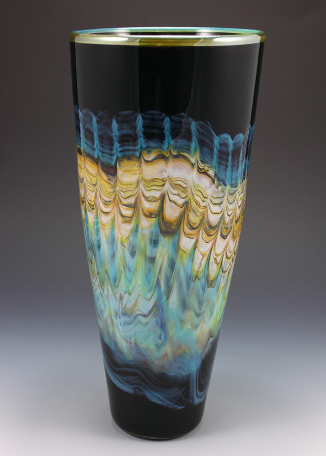 Blown glass cone vase black opal with turquoise