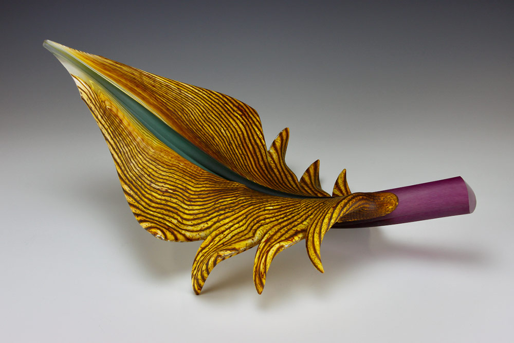 Arbor leaf glass sculpture in gold brown with amethyst stem