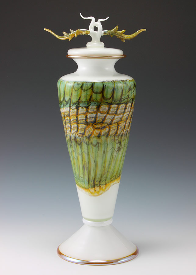 Hand-blown art glass footed vase urn in white opal with finial lid