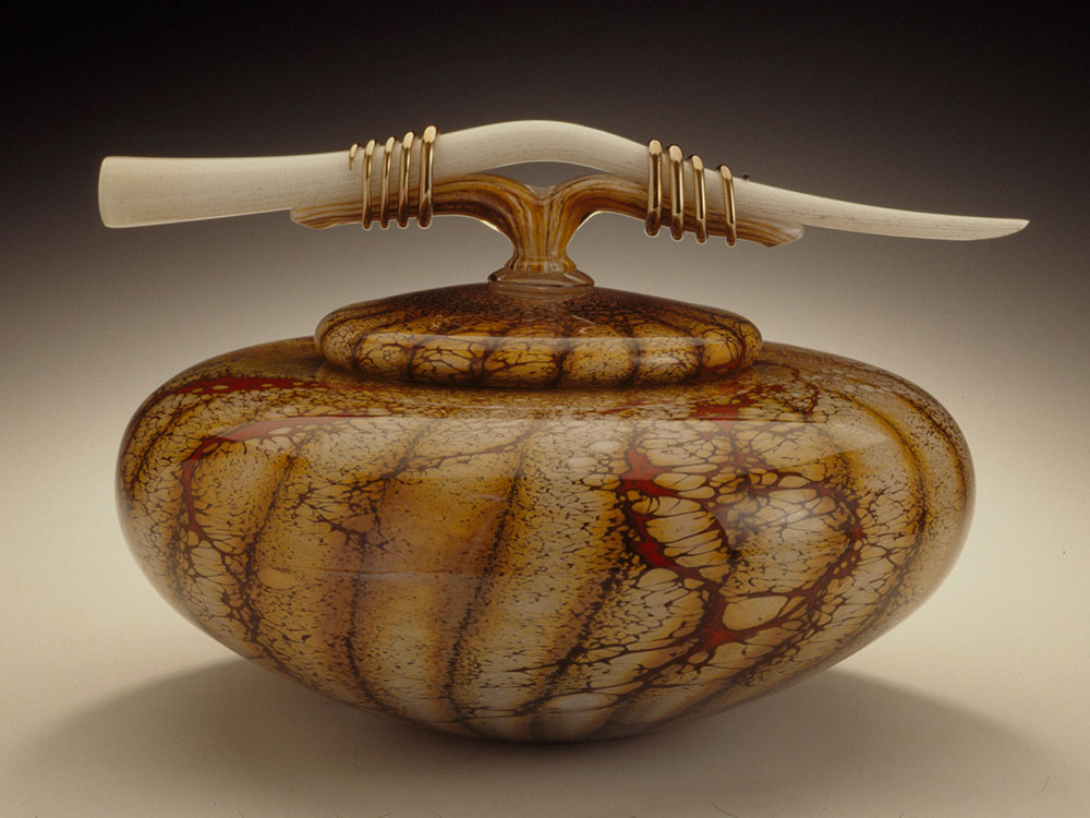 Handblown glass bowl with sculpted glass finial lid from the Batik Series