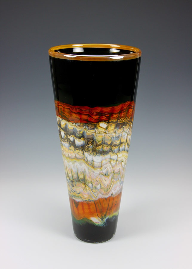 Hand blown glass vase black Opal with tangerine cone shape
