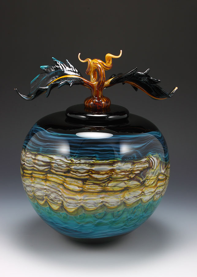 Hand blown glass urn vessel with sculpted finial lid from the black opal series