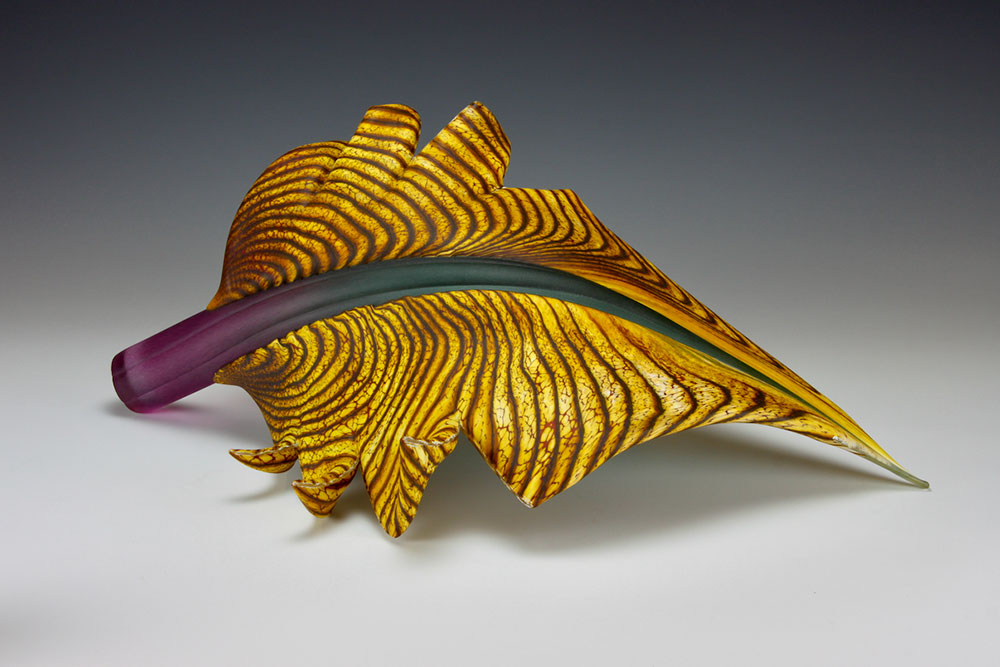 Arbor leaf glass sculpture in gold brown with amethyst stem view 2