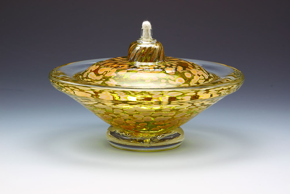 Saturn hand blown glass oil lamp in transparent citrus lime